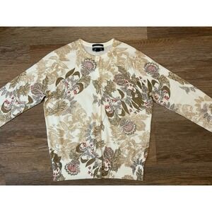 Lands' End 100% Cotton Women's Floral Fall Cardigan Cream Tan Green